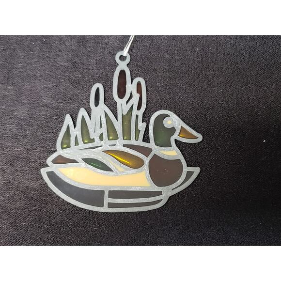 Vintage Stained Glass Suncatcher Mallard Duck Pond Cattail Window Metal Colorful - Picture 2 of 5